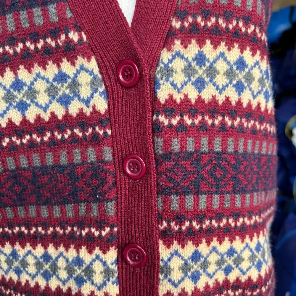 Vintage Talbots Fair Isle Wool Sweater Vest Burgundy Button Front Petite Preppy‎